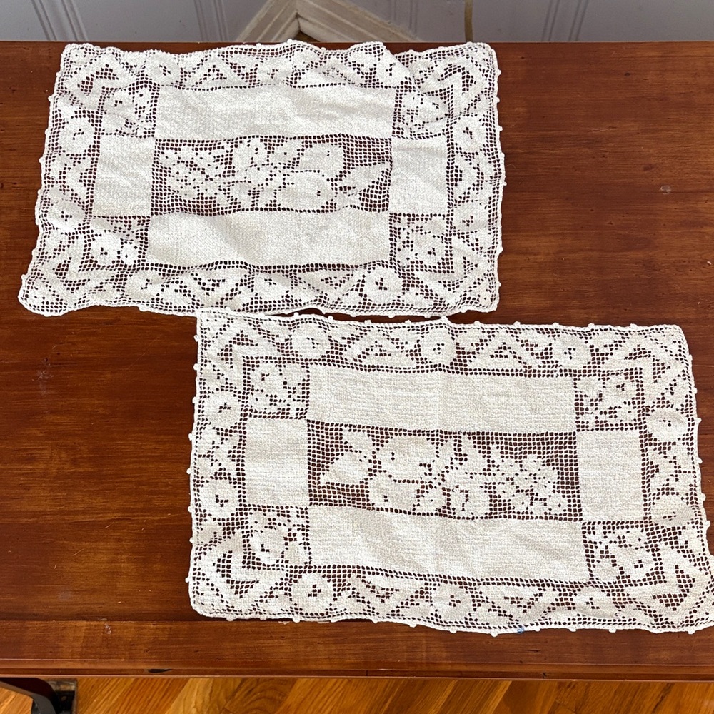 Pair Vintage Cream Lace Doilies